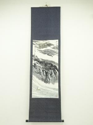 福月筆　李白詩画賛　風景山水　肉筆紙本掛軸